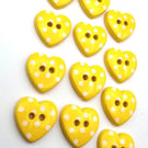 12 Heart Buttons, 15mm Wide, White Polka Dots on Yellow, Flat Back