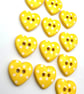 12 Heart Buttons, 15mm Wide, White Polka Dots on Yellow, Flat Back
