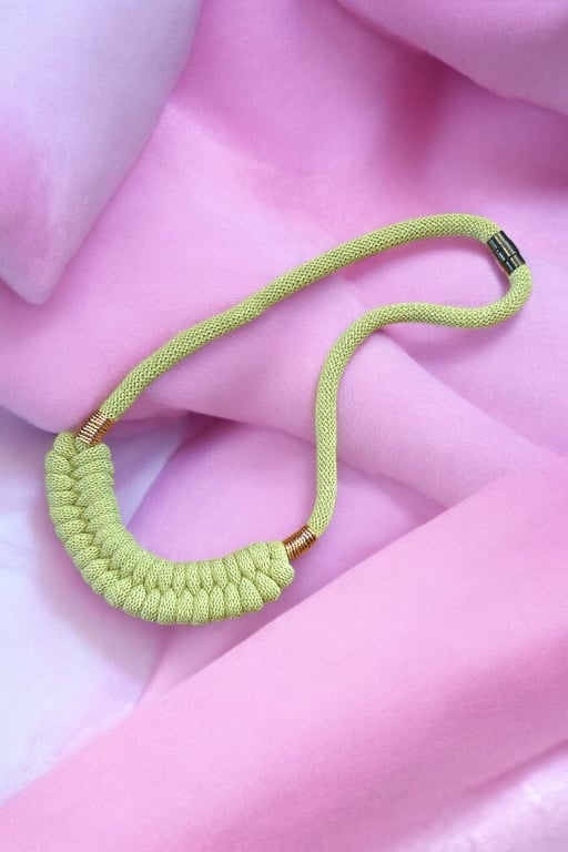 Rustic Lime Cream Macrame Necklace – Statement Piece with Rose Gold Accents