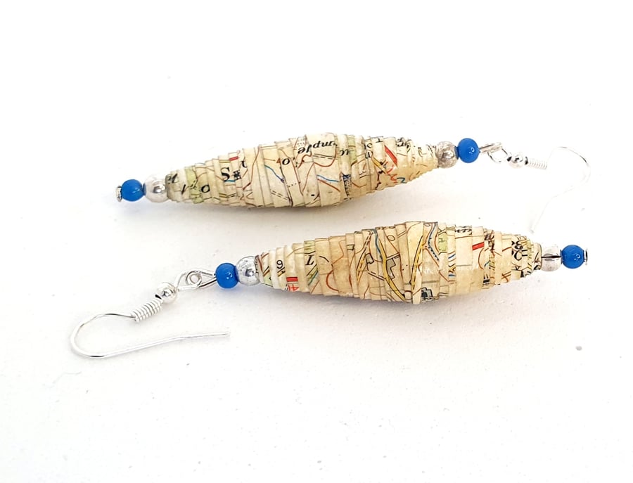 Long conical earrings made of old map paper 