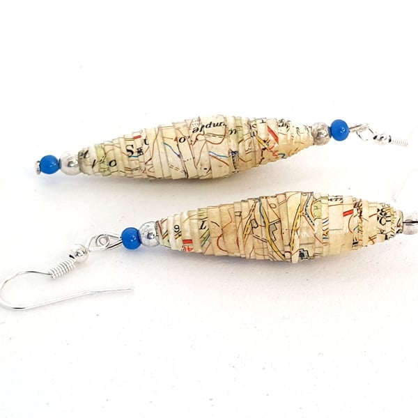 Long conical earrings made of old map paper 