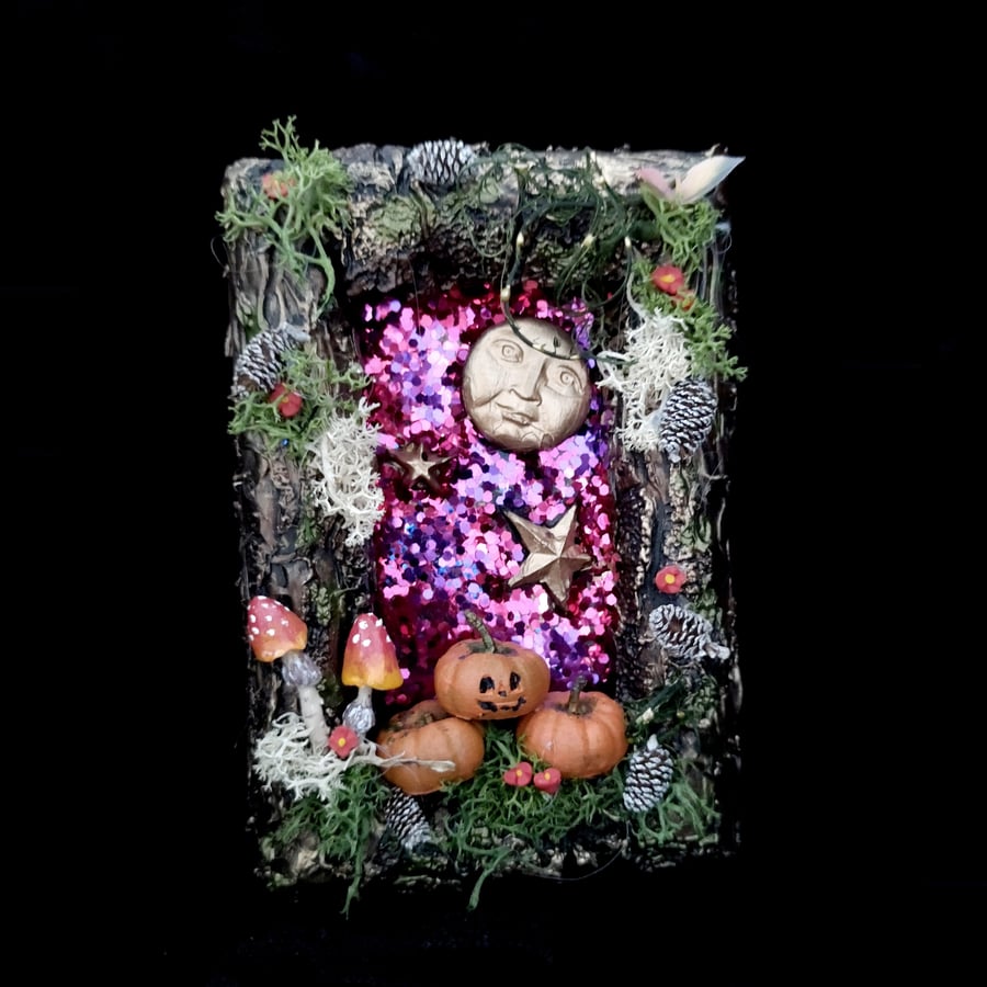 Sparkling Skies Frame Pumpkin Patch Toadstools OOAK Handcrafted