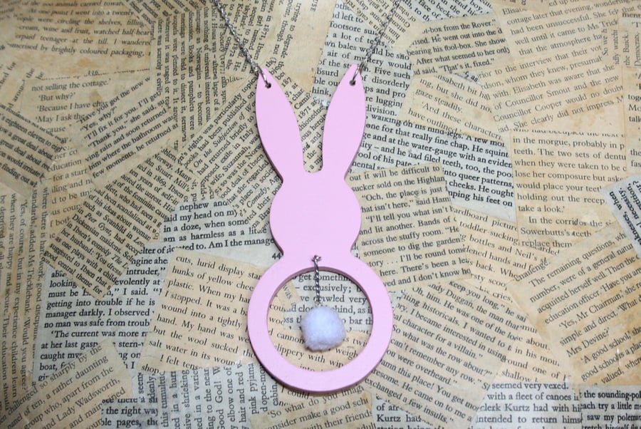 Wooden Bunny Rabbit Pom Pom Tail Statement Necklace Pink