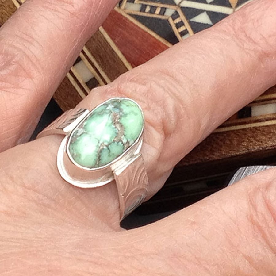 Green Carico Lake turquoise and silver ring 