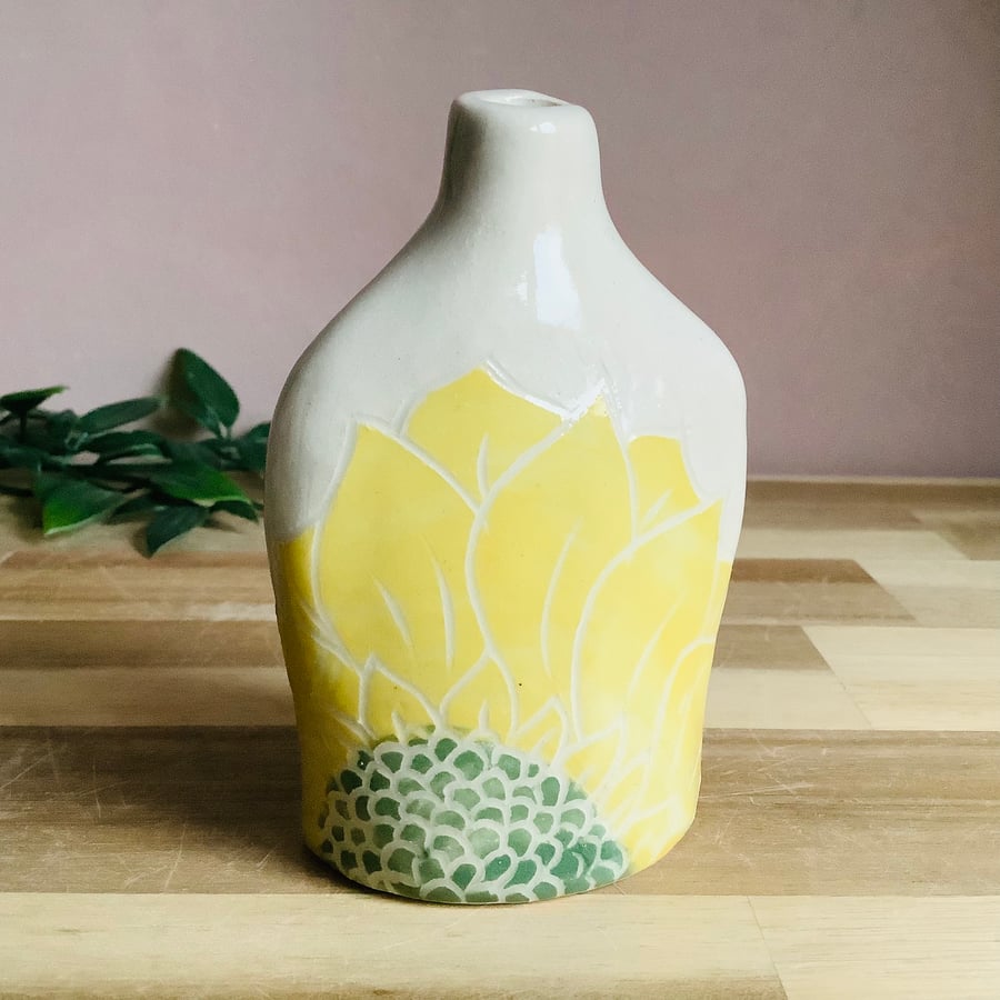 Handmade stoneware sgraffito sunflower small bud vase