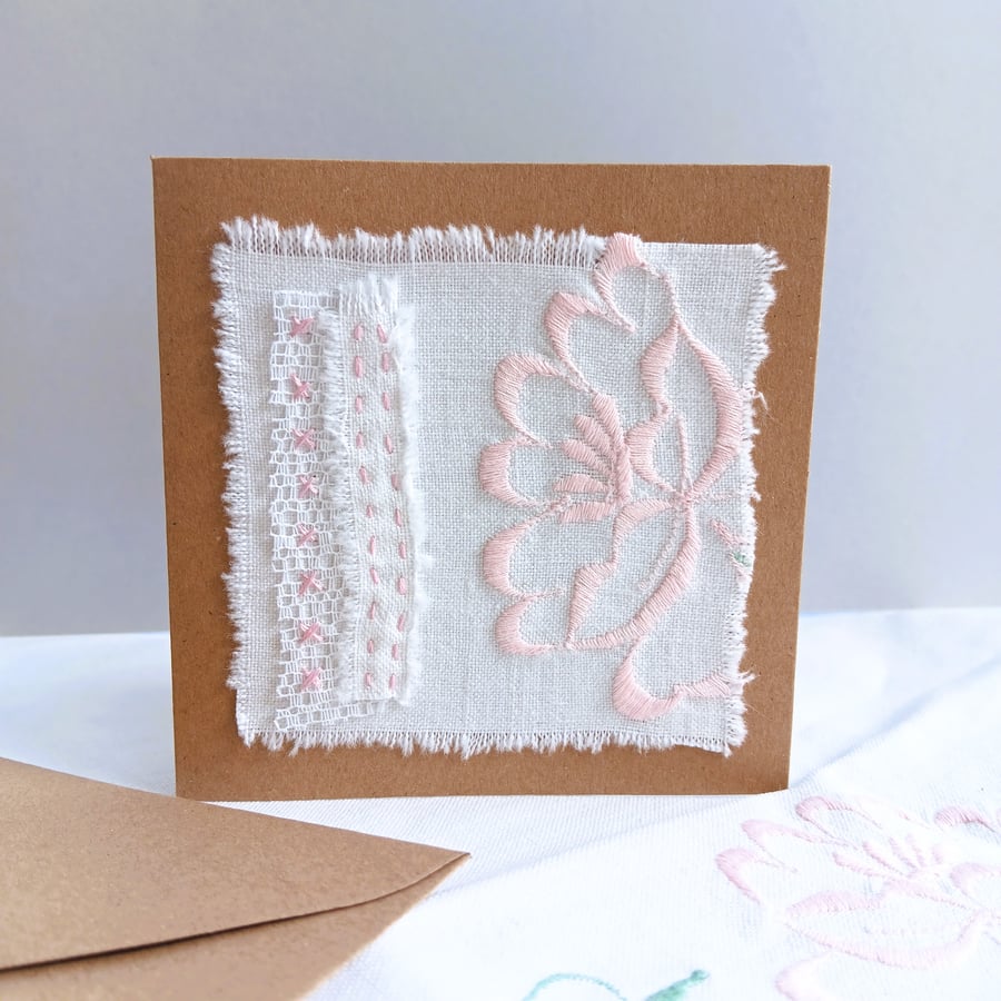 Hand Embroidered Card - Created with Upcycled Vintage Fabrics