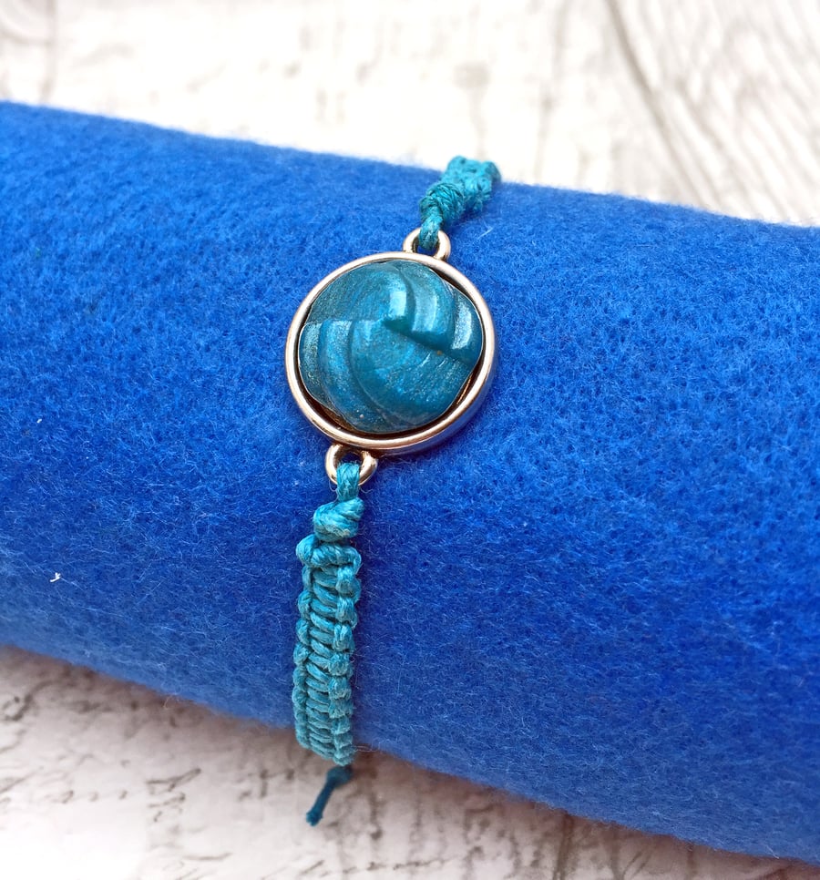 Vintage geometric button macrame adjustable bracelet teal blue