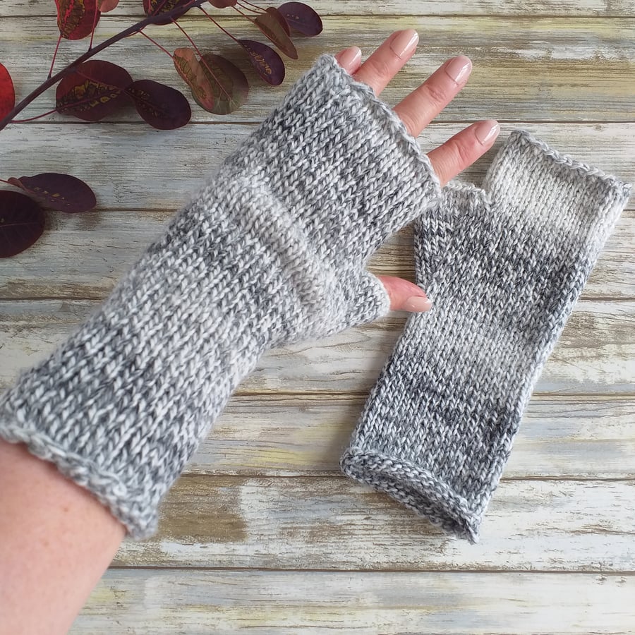 Knitted Fingerless Gloves, Marbled Yarn Hand Warmers