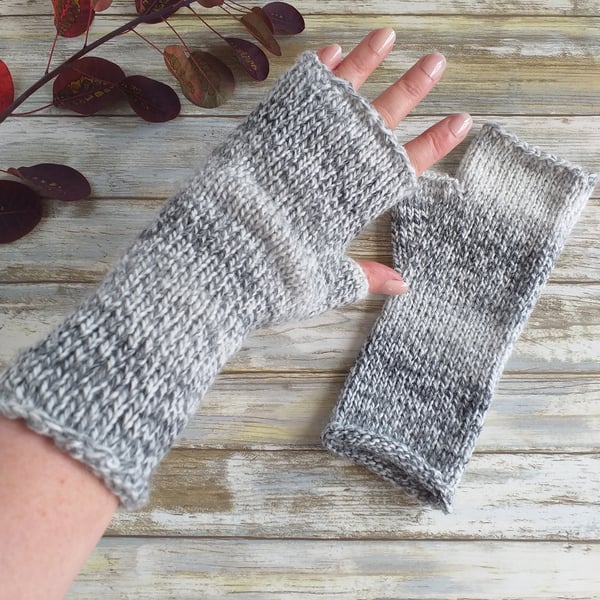 Knitted Fingerless Gloves, Marbled Yarn Hand Warmers
