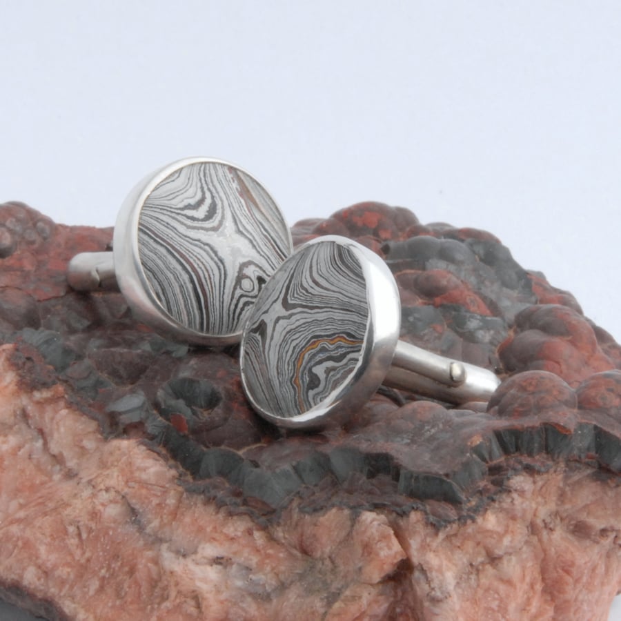 Swivel back sterling silver and detroit fordite cufflinks