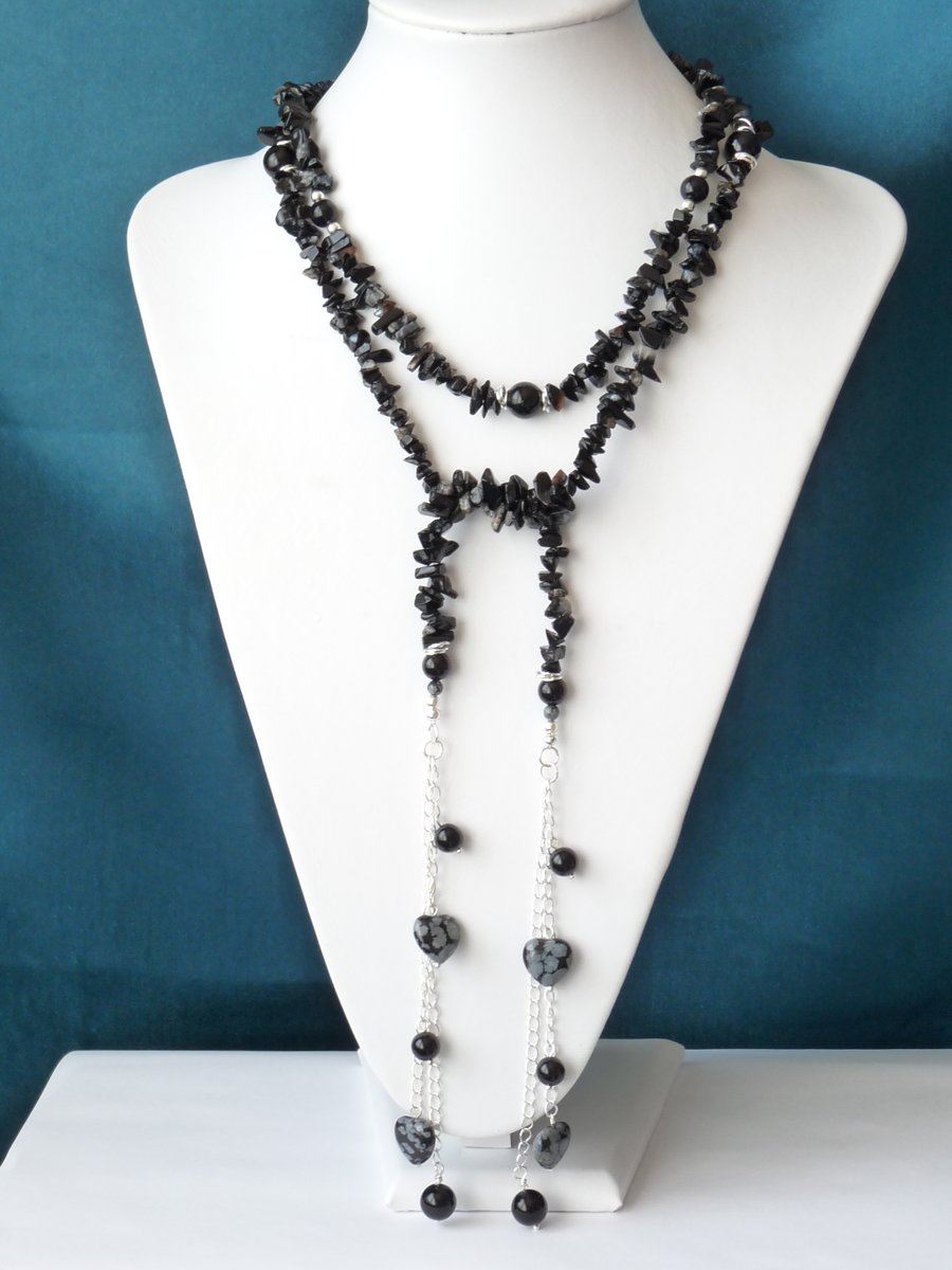 Black Agate Nuggets, Snowflake Obsidian & Silver Long Lariat Necklace 