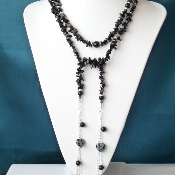 Black Agate Long Lariat Style Necklace  - Handmade - Genuine Gemstone