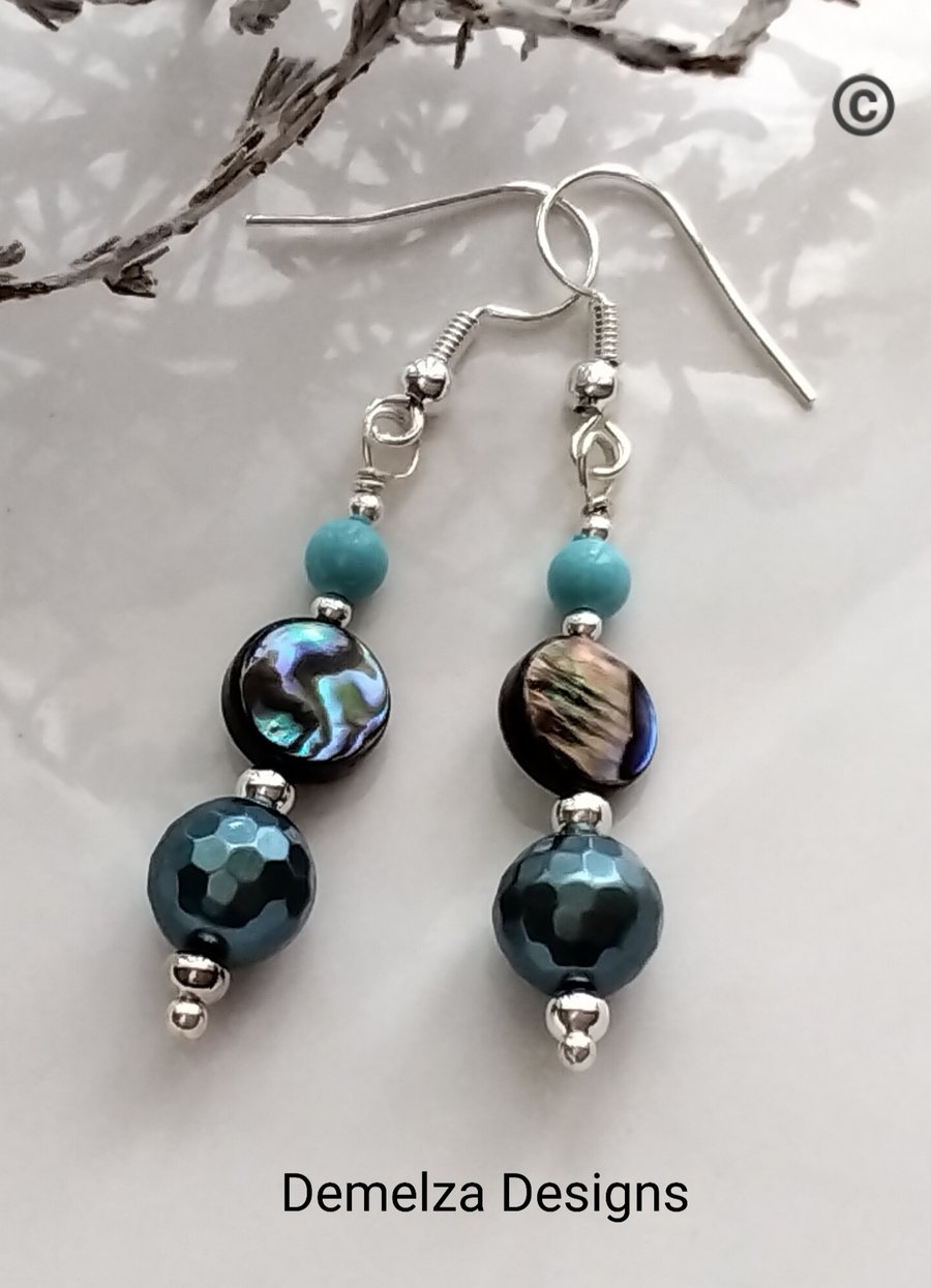 Abalone Shell, Howlite & Shell Pearls Hook Design  Earrings  Silver Plate