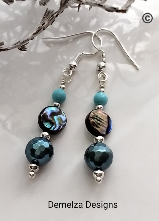 Abalone Shell, Howlite & Shell Pearls Hook Design  Earrings  Silver Plate