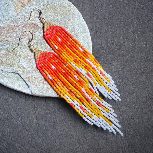 Handmade fiery sunset bead woven fringe earrings 