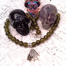 Spider and Web Pendant on a Green Bead Necklace, Halloween Necklace, Spider
