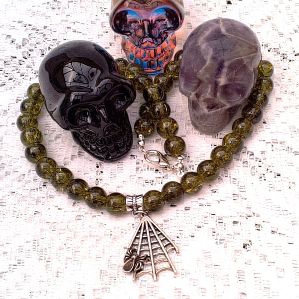 Spider and Web Pendant on a Green Bead Necklace, Halloween Necklace, Spider