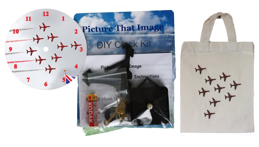 DIY 12cm Clock Kit Gift Set - Red Arrows in Canvas Bag with Arrows Motif
