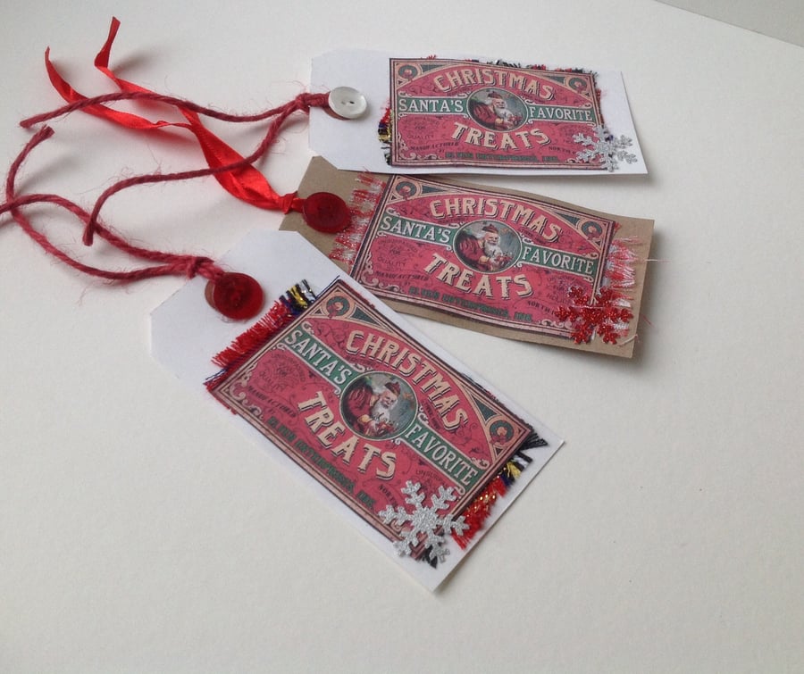 Christmas Gift Tags, Vintage 'Santa Treats'Theme, Set of Three,Handmade.