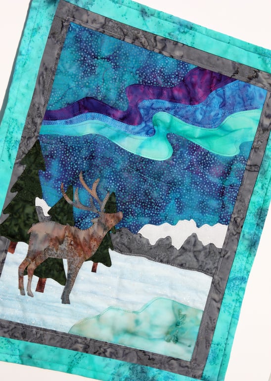 Northern Lights Reindeer Kit Art Quilt Wall Hanging 