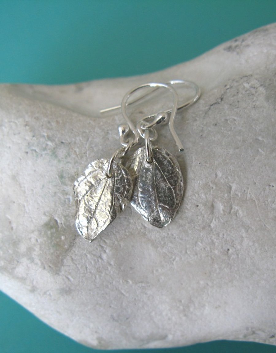 Small fine silver leaf dangle earrings