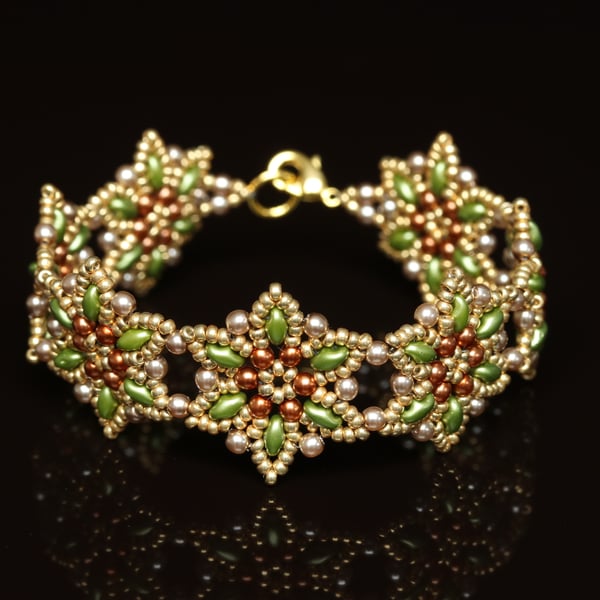 Starflower Cuff Bracelet in Green and Gold