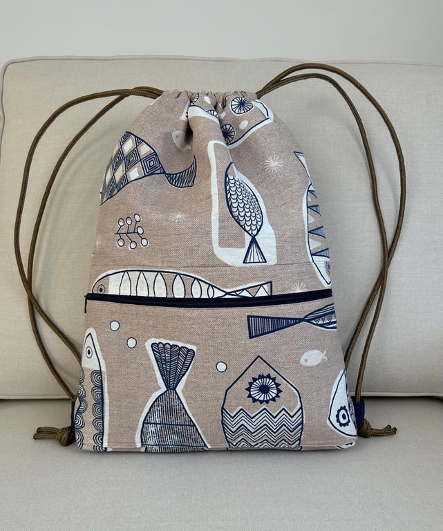Fish Pattern Backpack, Beige Drawstring Backpack, Lined Shoulder Bag, Boho Gym S