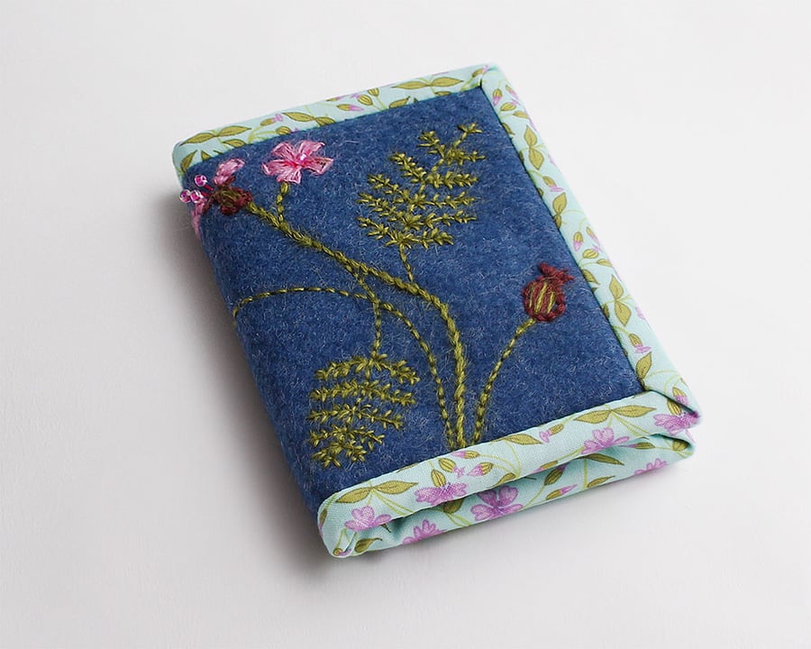 A7 notebook in denim blue wool felt with herb Robert embroidery