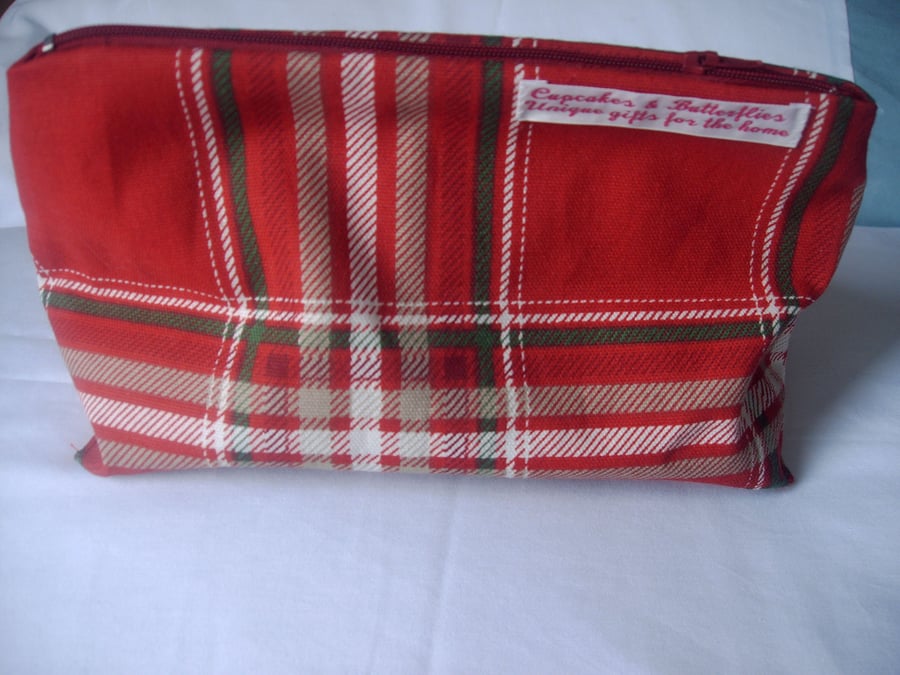 Red tartan cosmetic bag