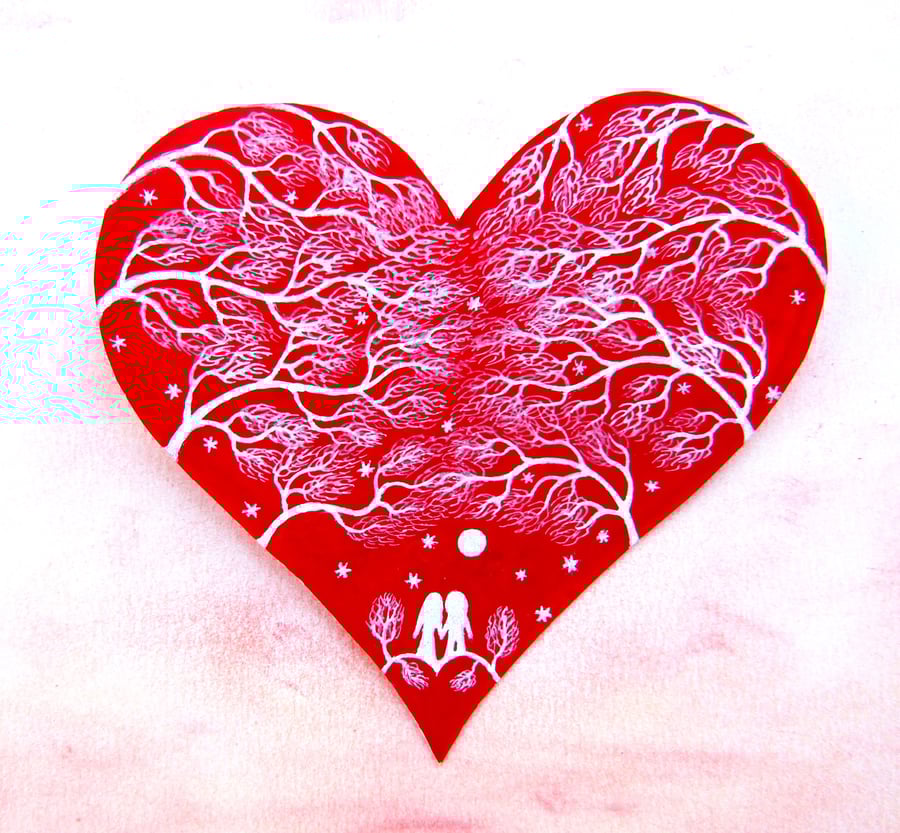 Valentines Card, Heart, Romantic Couple Moon Stars Trees, Love Art 