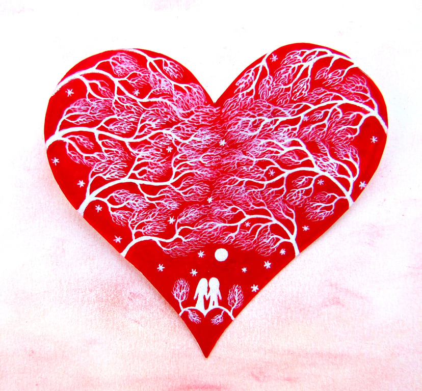 Love Art Card, Heart, Romantic Couple Moon Stars Trees, Wedding Anniversary Card
