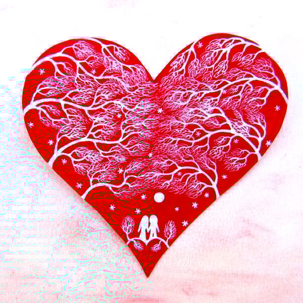 Valentines Card, Heart, Romantic Couple Moon Stars Trees, Love Art 