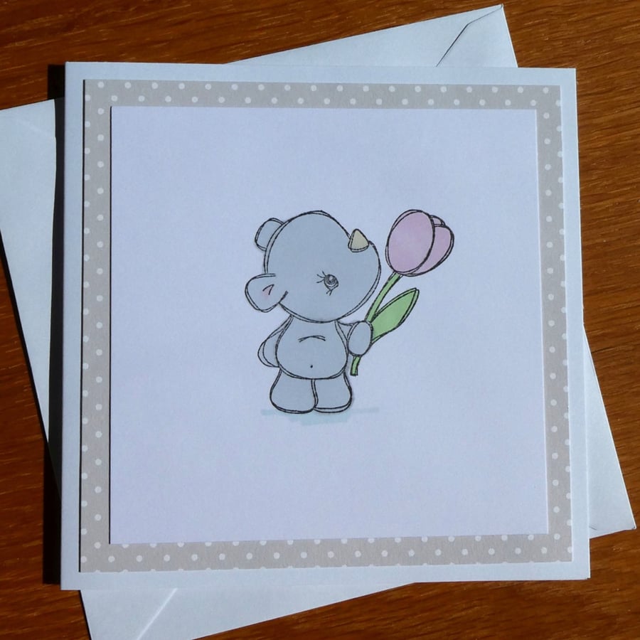 Rhino Holding A Tulip Blank Card