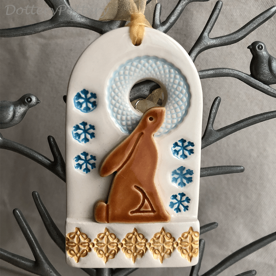 Large ceramic christmas decoration with moongazing hare