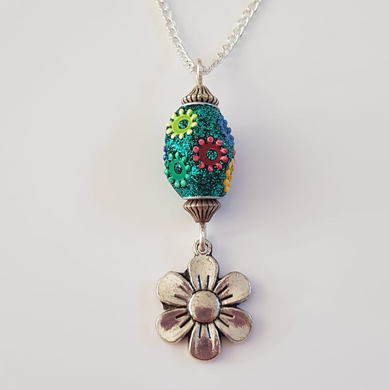 Turquoise Flower Necklace - Glitter Bead and Silver Flower Pendant