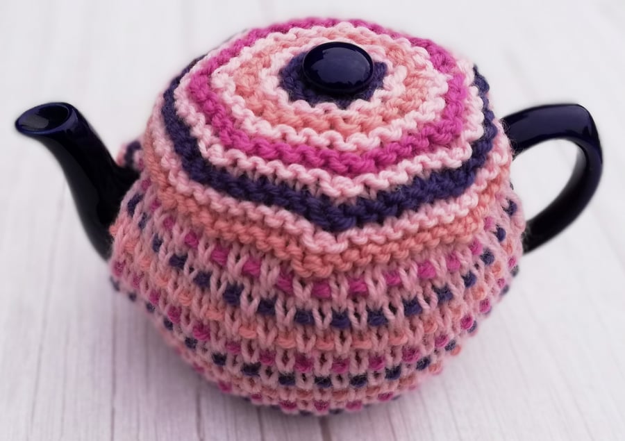 Colourful, Wool, Hand Knitted, Tea Cosy Pink