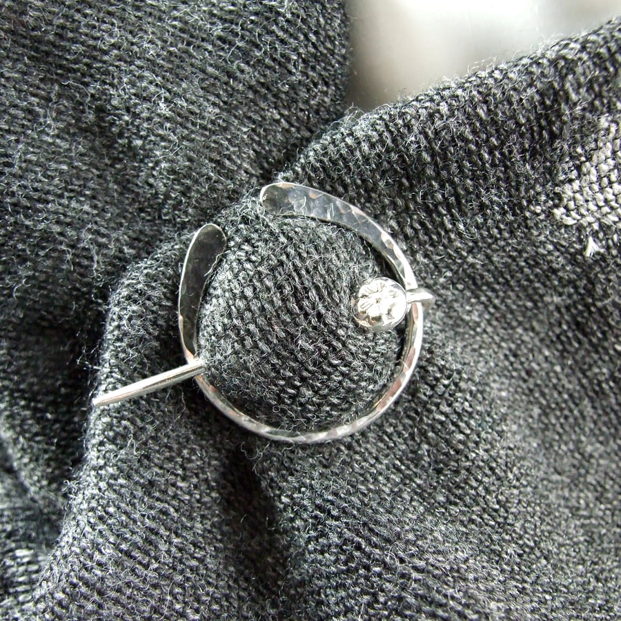 Penannular Brooch with Flower. Shawl Pin, Sterling Silver Celtic Clasp for Wrap