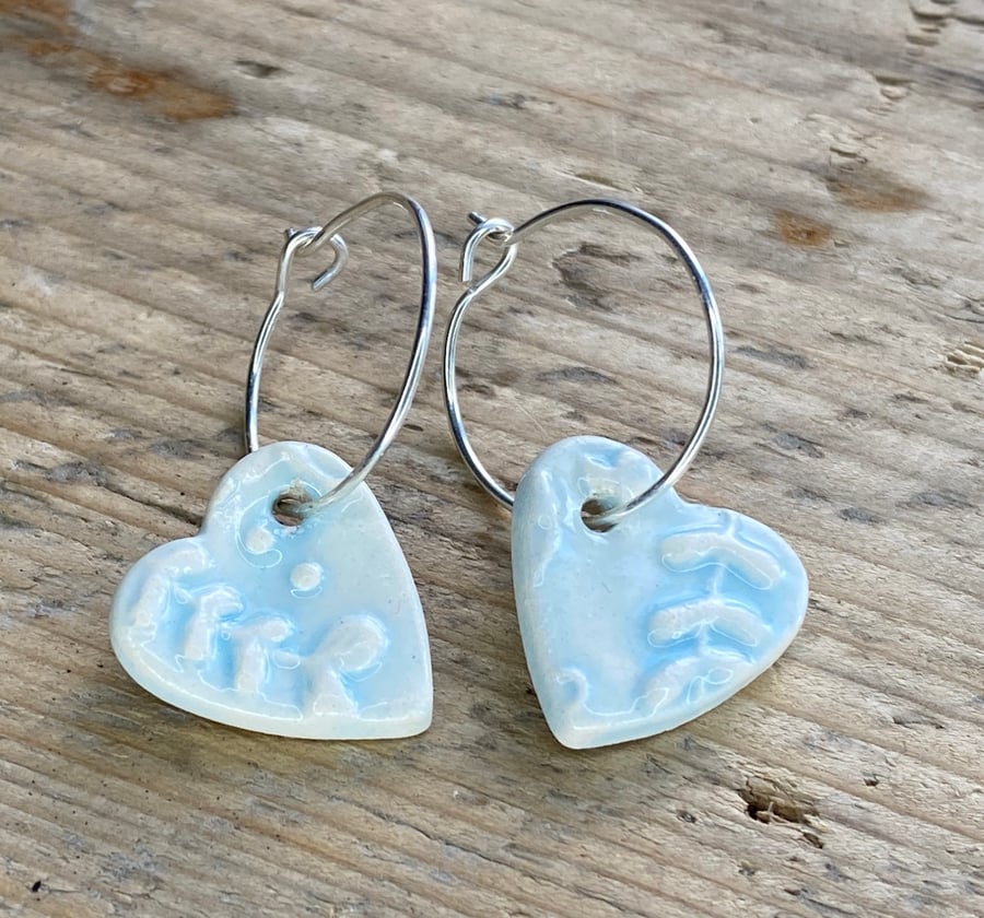 Handmade Blue Ceramic Heart earrings On handmade Silver Hoop