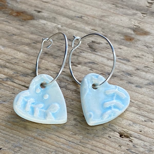 Handmade Blue Ceramic Heart earrings On handmade Silver Hoop