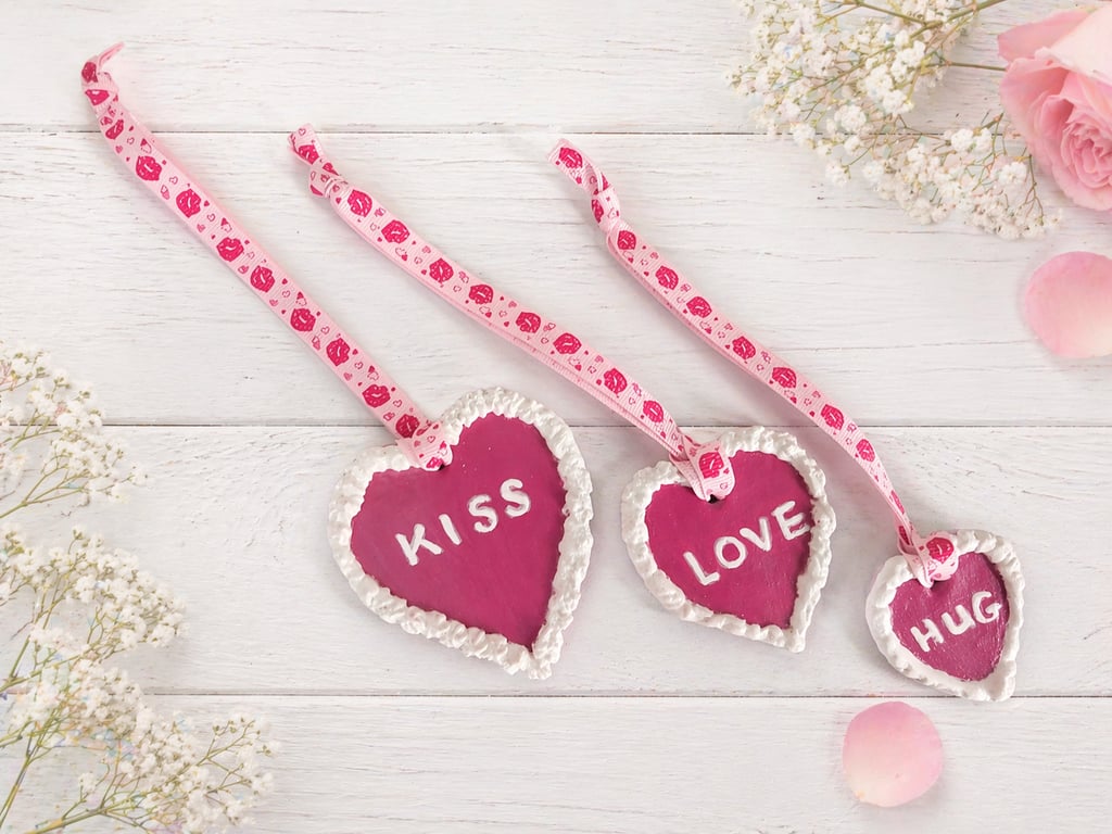 Three Clay Heart Ornaments – "Kiss, Love, Hug" Hanging Decor Set