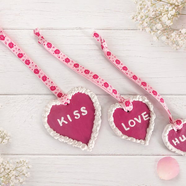 Three Clay Heart Ornaments – "Kiss, Love, Hug" Hanging Decor Set