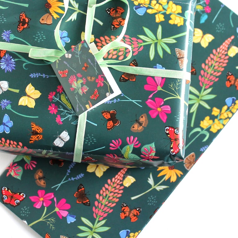 Gift Wrap Pack of 2 Sheets with 2 tags, British Butterflies