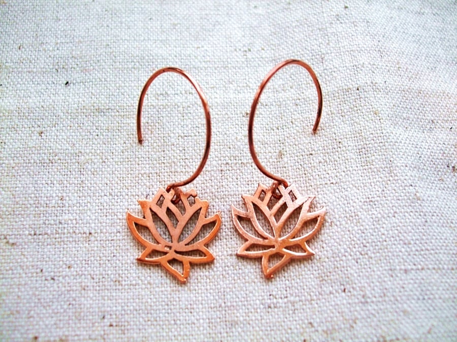 Pure Copper Lotus Flower Earrings, Meditation Earrings in Solid Copper