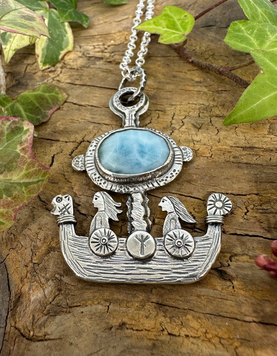 New Horizons Viking Ship Pendant with Larimar
