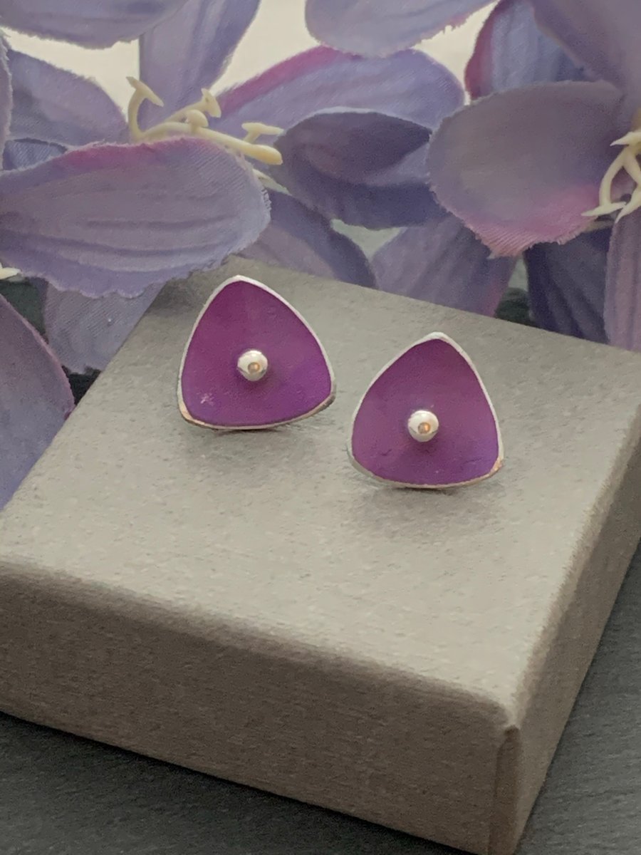 Hand painted aluminium -  mini triangle sterling silver stud earrings 