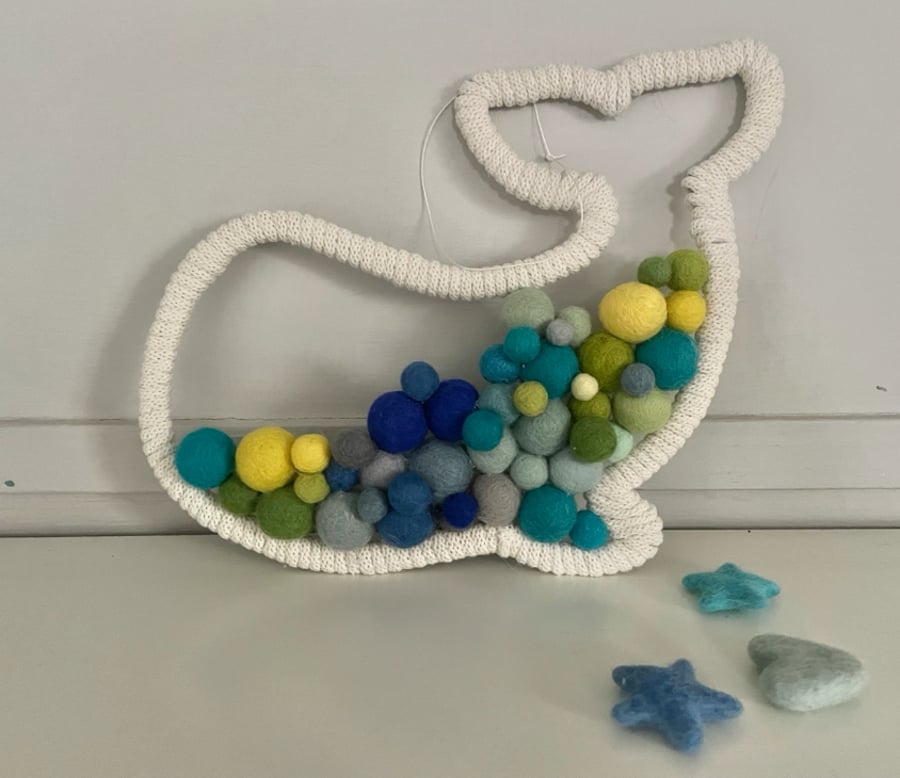 Nursery mobile decoration, whale shape, pure wool felted balls, new baby gift