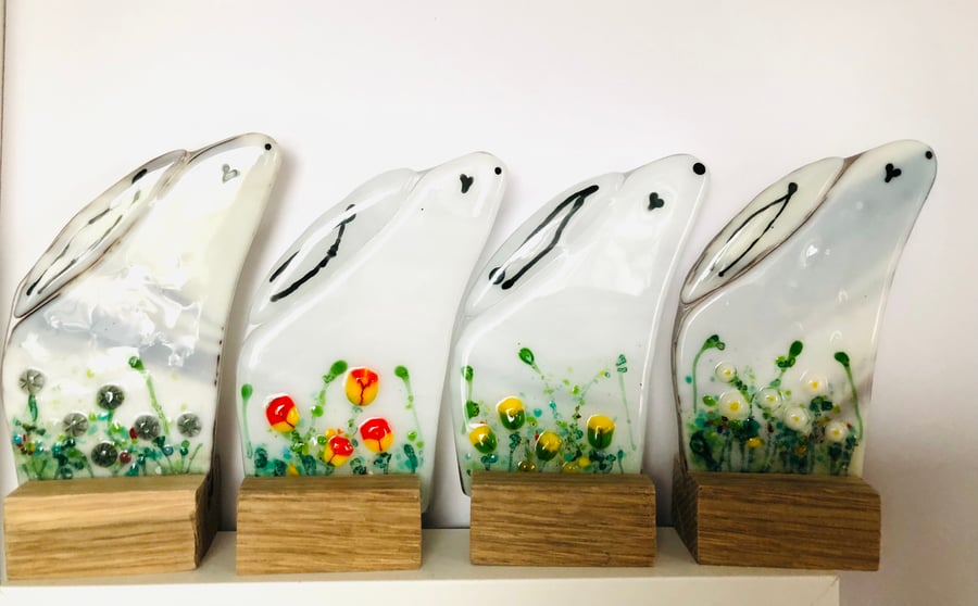 Glass fused hare-rabbit with oak stand