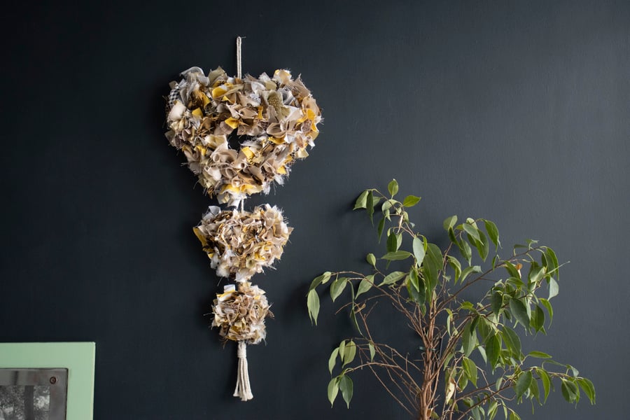 Hanging Gold Rag Rug Heart Wreath – Handmade Wall Art & Rustic Home Decor