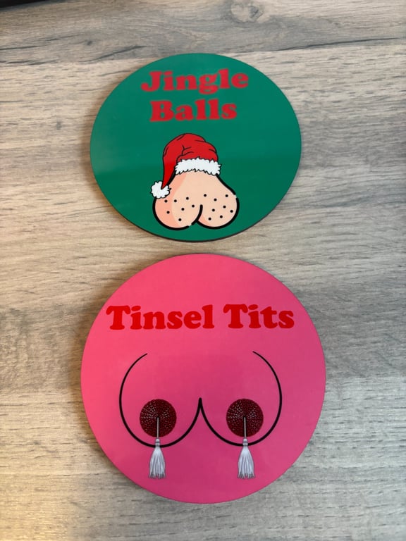 Set of 2 Christmas Coasters Adult Humour 'Jingle Balls' 'Tinsel Tits'