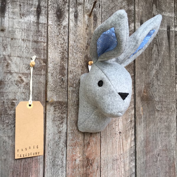 Wall mounted Rabbit head - Grey with blue, patterned ears.